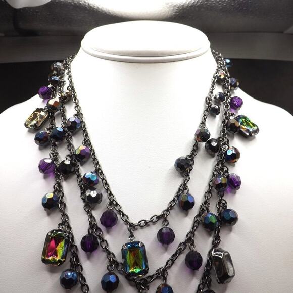 New York Iridescent Rhinestones Beads Necklace, Gunmetal Gray, 3 Strands, 20" - Picture 4 of 9